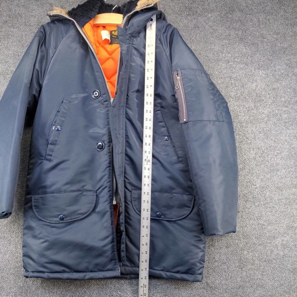 Weather Caster Mens Parka Jacket Blue Small Long Sleeve Quilted Lined Vegan Fur - Picture 10 of 12